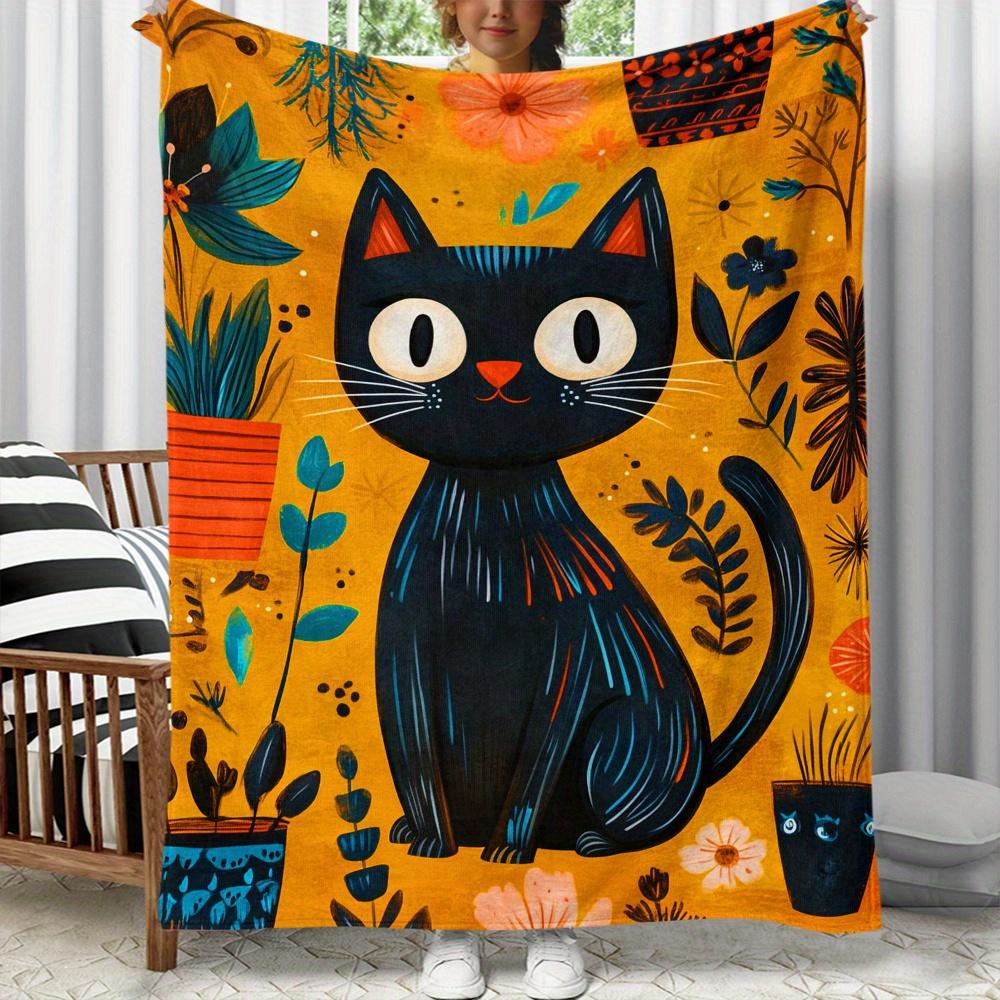 Black Cat with Floral Background Artistic Fleece Blanket Vibrant Yellow Orange Pattern Soft Plush Throw Blanket for Home Decor 75x90cm