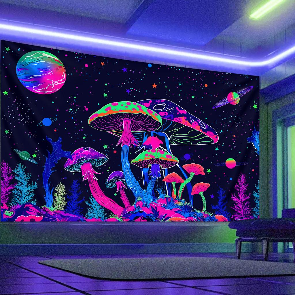 1pc Fluorescent Mushroom Moon Tapestry, UV Black Light Fantasy Plant Starry Sky Tapestry, Home Decoration Wall Hanging