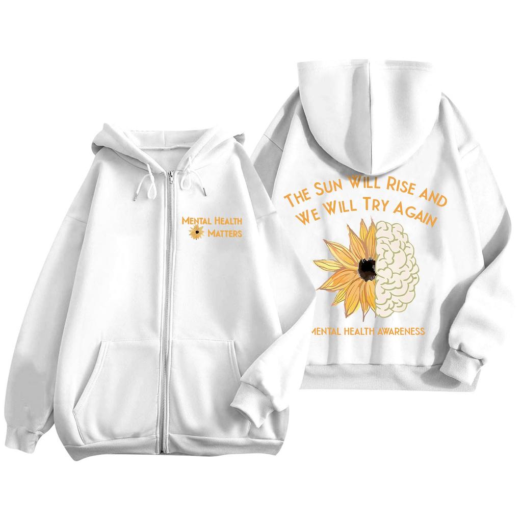 Women's Fashionable Printing Long Sleeved Hooded Pocket Casual Hoodie Jacket