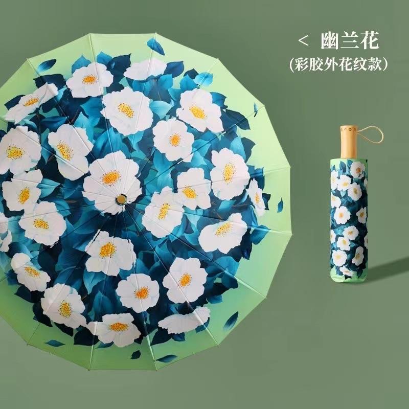 New Three-fold Hand-opened Small Fresh 16-bone Color Glue Digital Printing Weather and Rain Parasol Antique Sun Protection Parasol