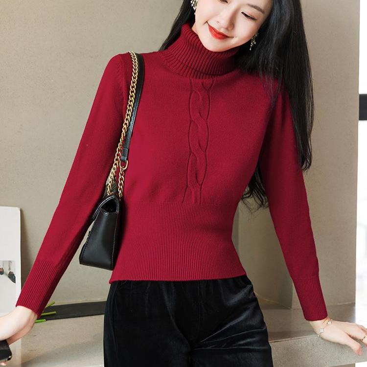 Women's Turtleneck Sweater Autumn Winter Short Solid Color Elastic Knitted Top Slim Fit Pullover Knitted Sweater.