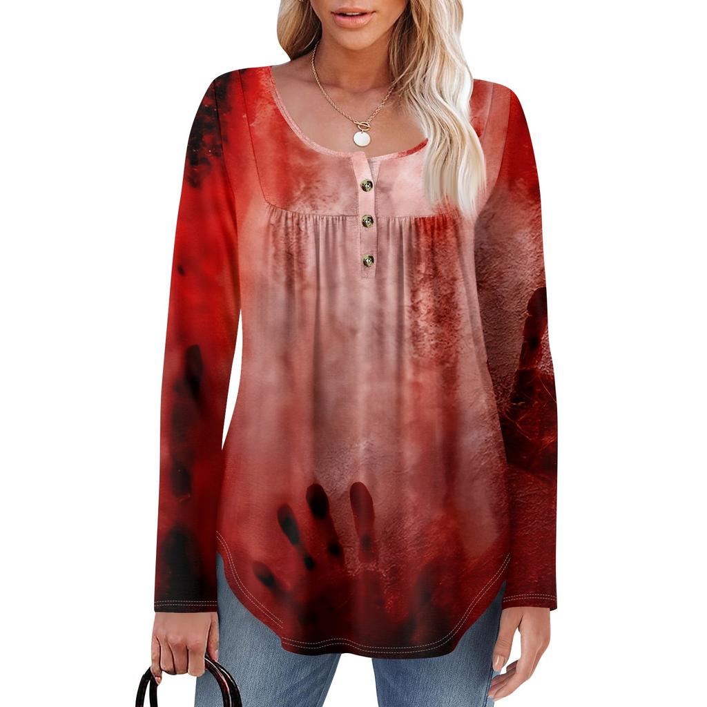 Dam Tunika Långärmad Lös Toppar Casual Oversized Toppar Plisserad Tunika Knäppning Casual Dam Tryckta Toppar