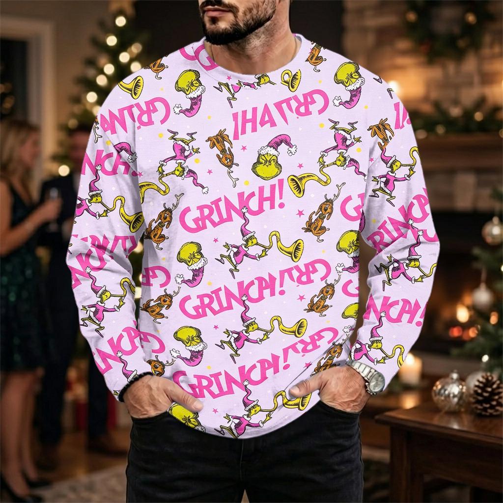 Men's Casual Loose Fit Long Sleeve Neck Tee with Christmas Print for Fall Winter