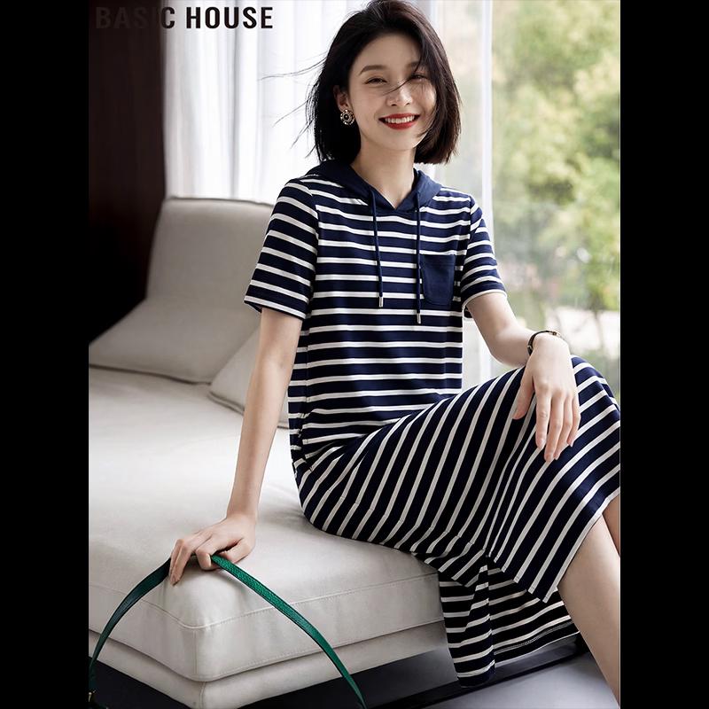 Basic House Women s Striped Hooded T-Shirt Dress M