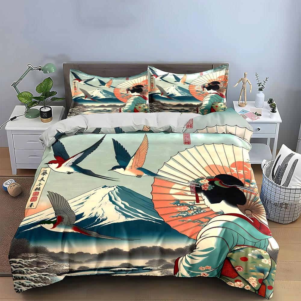 Traditional Japanese Art Decor Set Soft Comfortable Duvet Cover Bedding Set Included 1*Duvet Cover & 2*Pillowcases, Gift