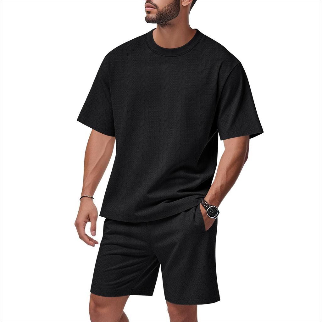 Men's Summer Jacquard Suit, Round Neck, Short-sleeved Shorts, Casual Two-piece Suit