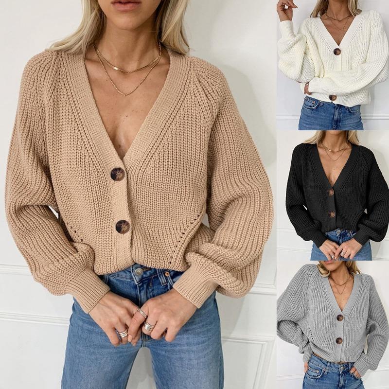 Fashionable new casual solid color button knit cardigan, comfortable autumn and winter classic simple ladies sweater jacket