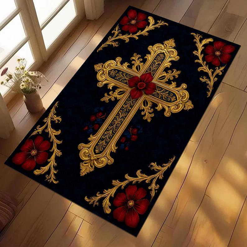 Gothic Black Gold Ornate Cross with Red Floral Prayer Rug, Baroque Christian Home Decor, Non-Slip Religious Mat Floor Mats