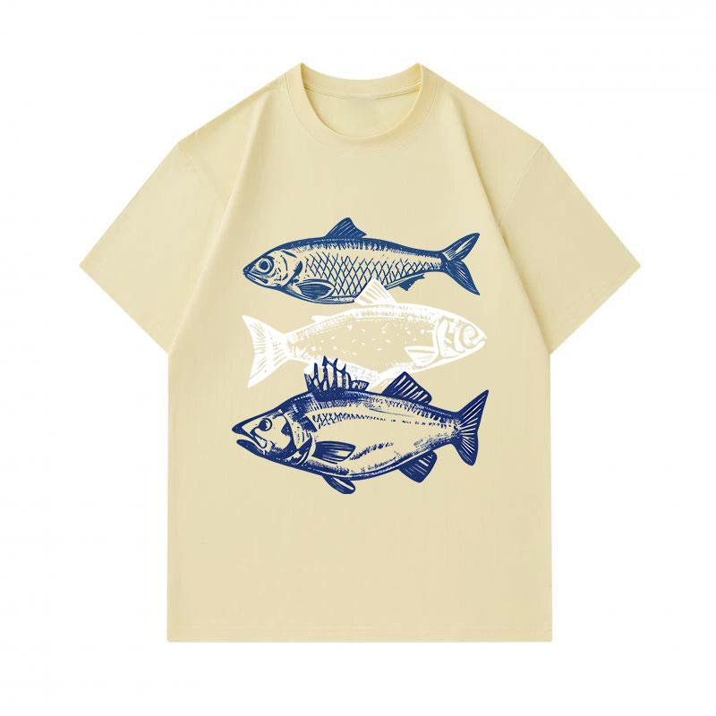 Men's 100% Cotton Crew Neck Short Sleeve T-Shirt, Vintage Three Fish Graphic Print Casual Lightweight Summer Tee for Daily Wear