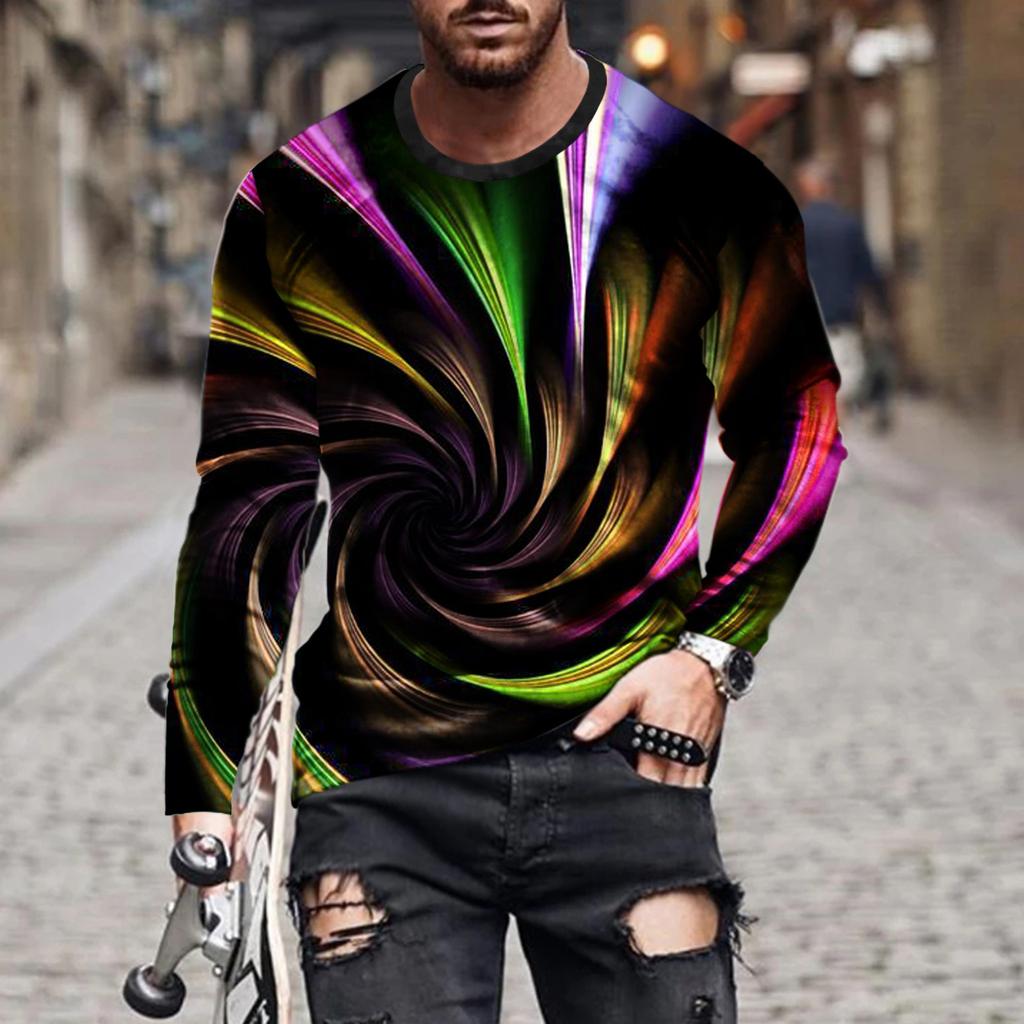 Vintage Enkel Enfärgad 3d-tryck Sommar Herr Rundhals T-shirt Ledig Långärmad Oversize Pullover Mode Herrkläder