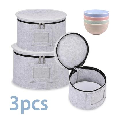 3Pcs Stackable Dish Storage Cases with 36 Round Dividers Thick Felt China Storage Containers for Dinnerware Storage & Transport