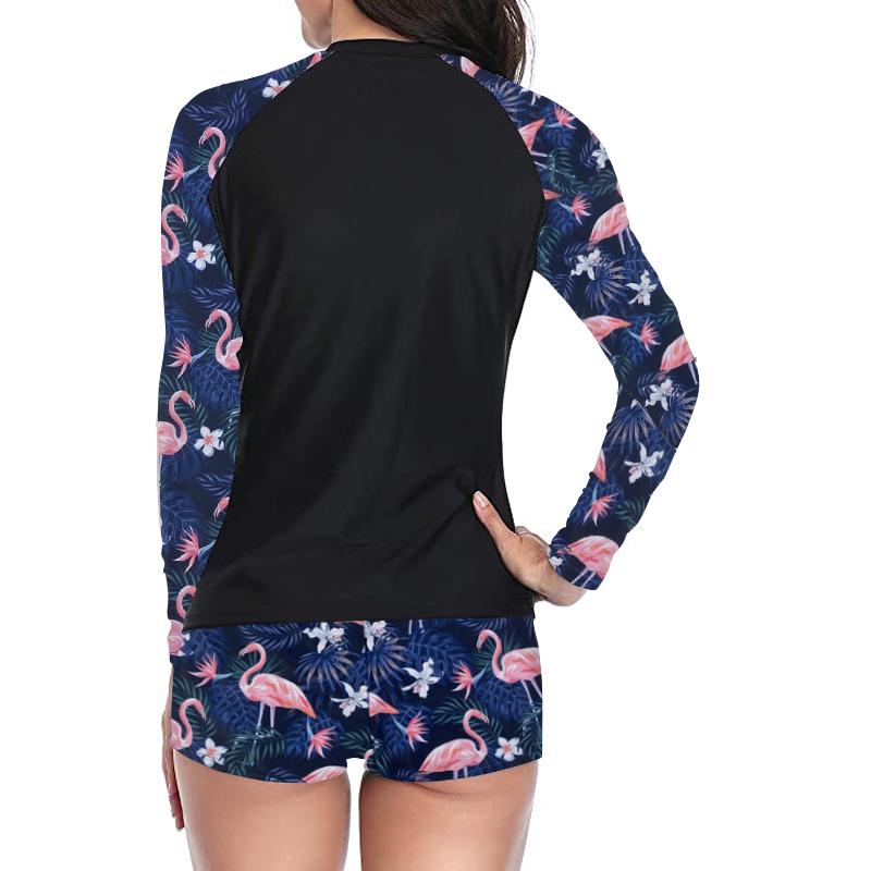 Women Two Pieces Vintage Print Rash Guard Swimwear Long Sleeve Shirt Shorts Surf Top Retro Print Running Shirt Split Swimsuit