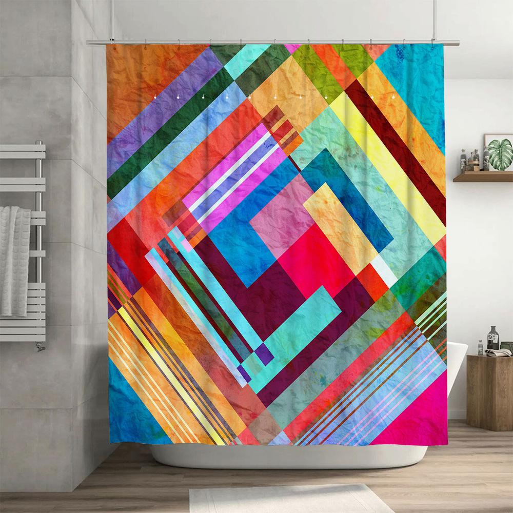 Modern Bold Bathroom Decor: Colorful Geometric Shower Curtain For Bathtub Area Easy Install, Water-Resistant Fabric