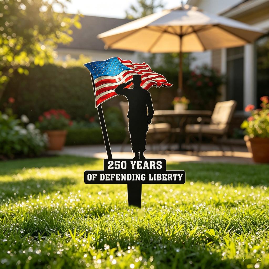 Metal Garden Stake Featuring Soldier Silhouette and Flag Design Commemorating 250 Years of Defending Liberty for Outdoor Display