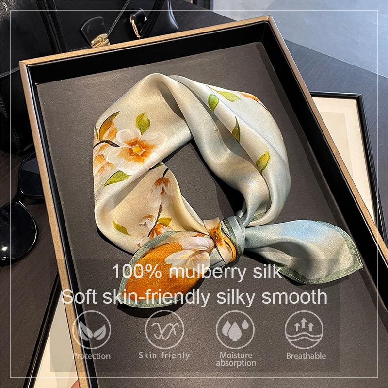 Luxury 100% Real Silk Scarf Women Floral Print Bandana Shawl Lady Neckerchief Handkerchief Female Neck Bag Decorative Wrap 53cm