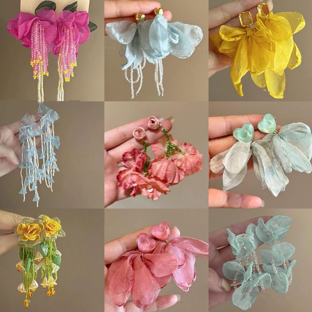 Silver Needle Heart Resin Flower Mesh Earrings: Luxurious, Sweet, Fresh, and Elegant Mori-Style Women's Jewelry