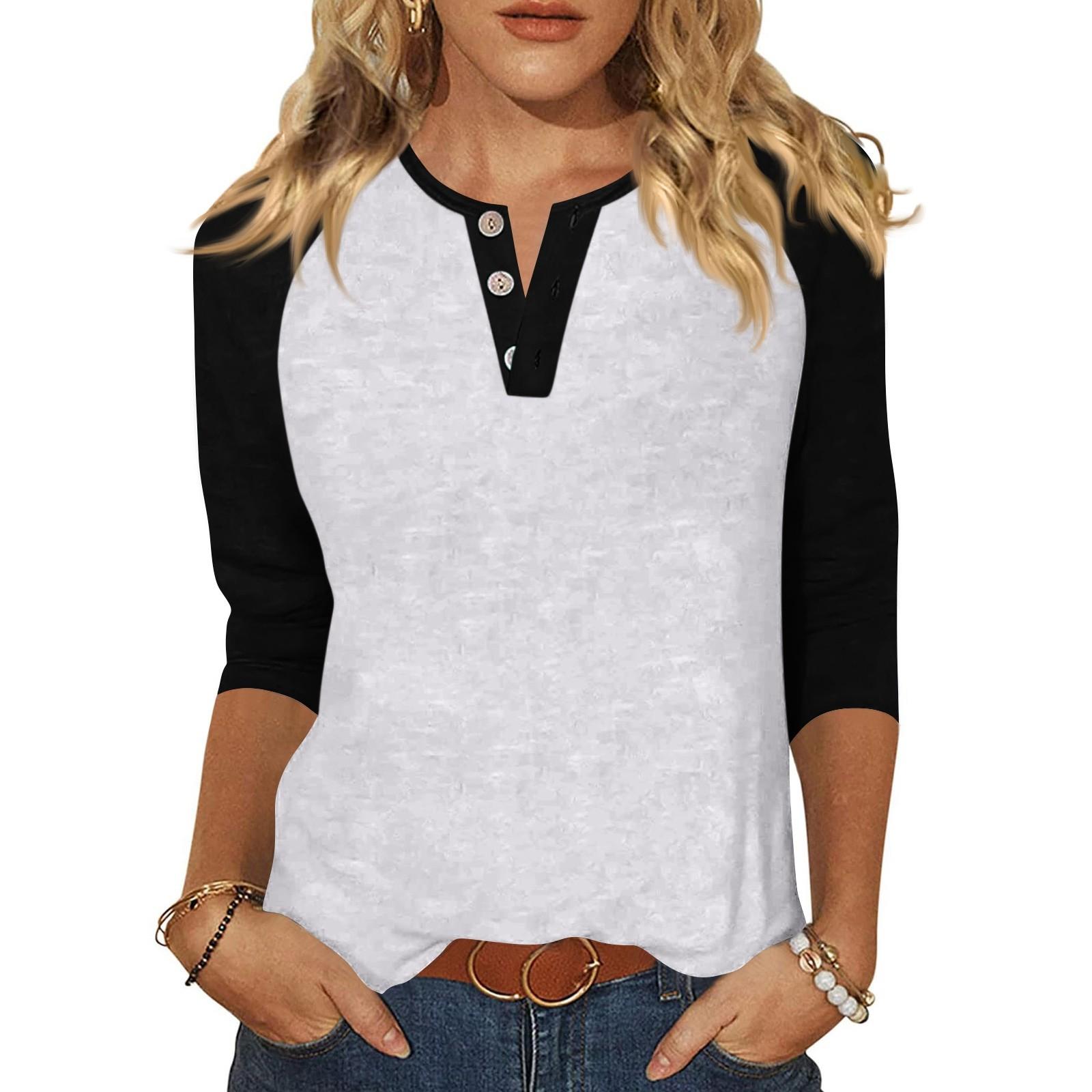 

Жен. Футболка С принтом Пуговицы Рукав 3/4 Повседневные Выходные Мода Классический Классический V-образный вырез Обычный Верх XL белый