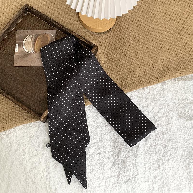 Polka dot silk scarf, long strip, high-end sense, summer retro binding, ribbon, streamer, multi-purpose, small scarf, headscarf, headband, belt.