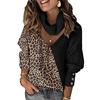Damenpullover Gestrickte Leopard Patchwork Rollkragenpullover Frühling Knopf Lang Laternenärmel Locker Damenpullover