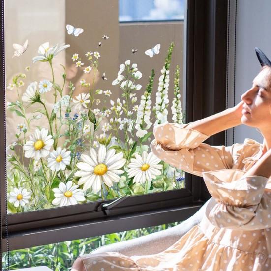Bílá květinová fólie na okno Odnímatelná vodotěsná PVC květinová statická skleněná nálepka Jarní dekorace okna pro domácnost, kancelář, obývací pokoj