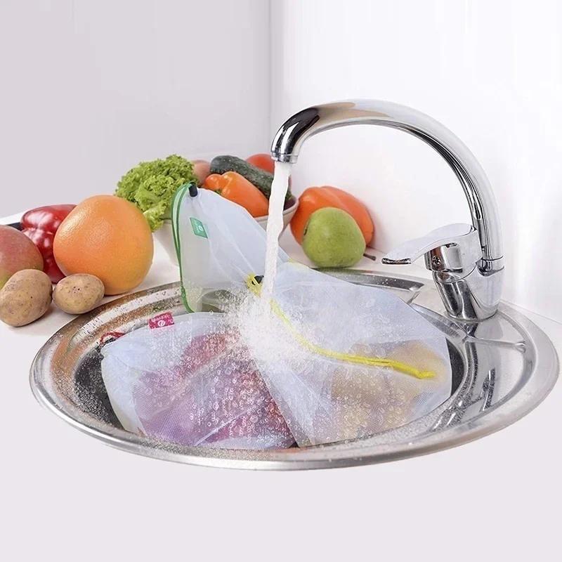 5pcs Fruit Vegetable Storage Mesh Bags Reusable Net Bags Kitchen Food Organizer Washable Toys Grocery Storage Packaging Bag