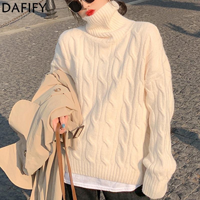 DAFIFY  Women's Fashion Casual Fall Winter Solid Color Print Long Sleeve High Neck Sweaters