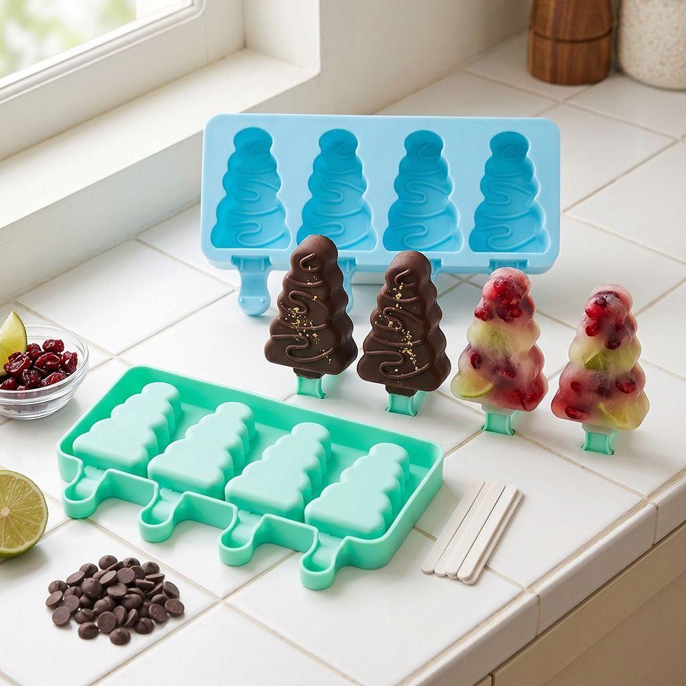 Non Stick Christmas Tree Ice Pop Mold 4-Cavity Ice Cube Tray Silicone Ice Cream Mold  Baking Tools
