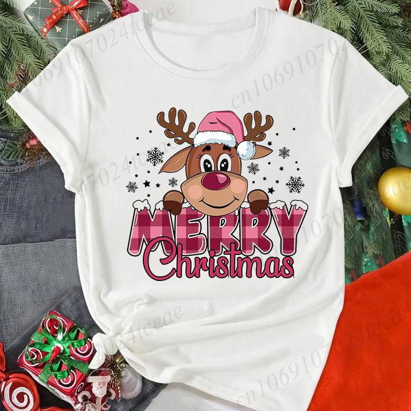 Merry Christmas Reindeer Print TShirts for Women Casual Short Sleeve Tee Shirts Fashion TShirts Womens Christmas Party Tops