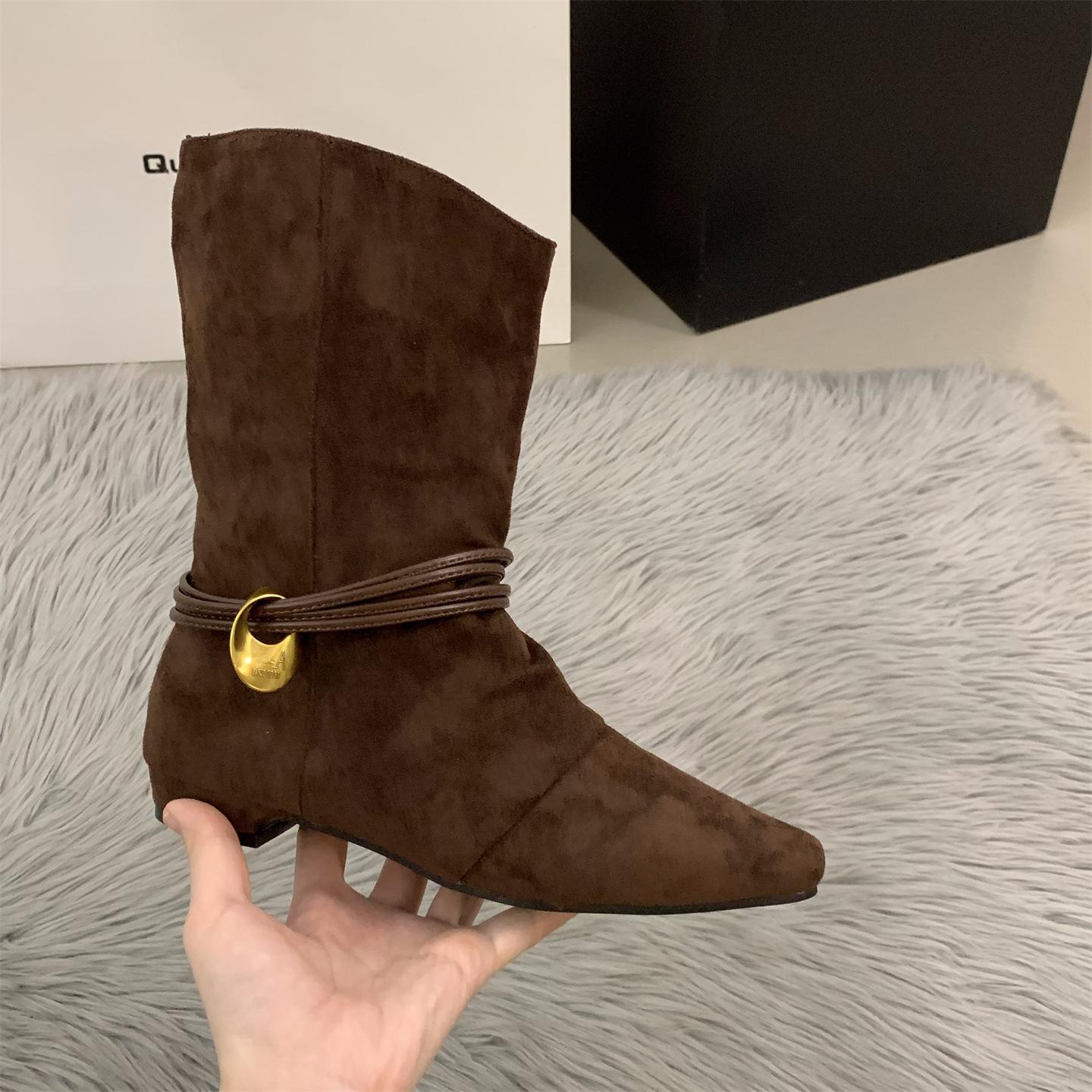 

Сапоги до середины голени на толстом каблуке из замши, женские сапоги 2025, новые осенне-зимние, коричневые, в стиле ретро, с острым носком, облегающие сапоги 40