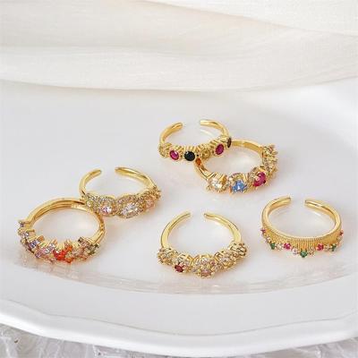 Retro Gold Colorful Sparkling Diamonds Niche Design Open Ring Court Style Exquisite Elegance Light Luxury High-End Ring