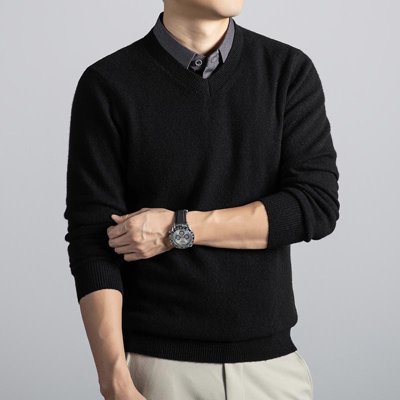 Męski gruby wełniany sweter z dekoltem w serek i klapami 2025 - Fason udający dwie części, dzianina biznesowa