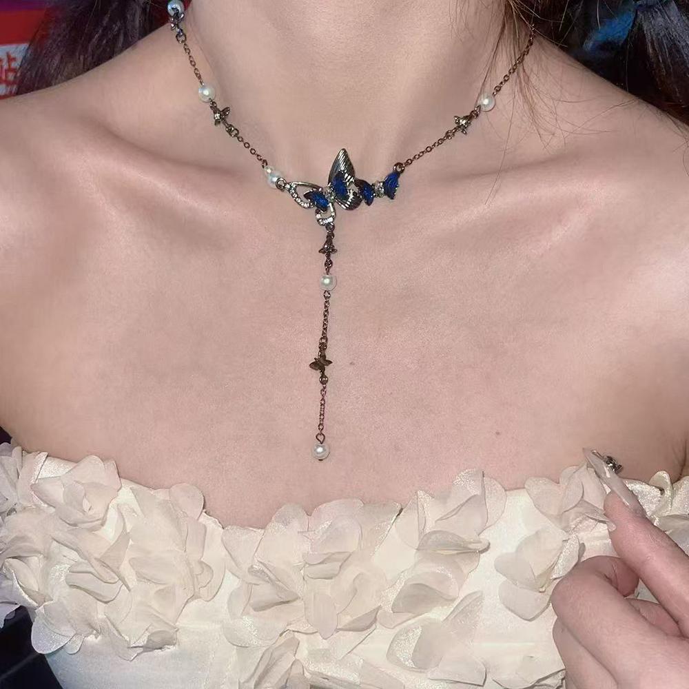 Blue Zircon Butterfly Tassel Necklace New Imitation Pearl Chain Y2K Design Creative Popular Collarbone Chain Women's Jewelry