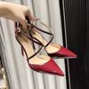 Cross strap stiletto sexy high heels women's 2025 spring and summer new one-word buckle burgundy hollow sandals