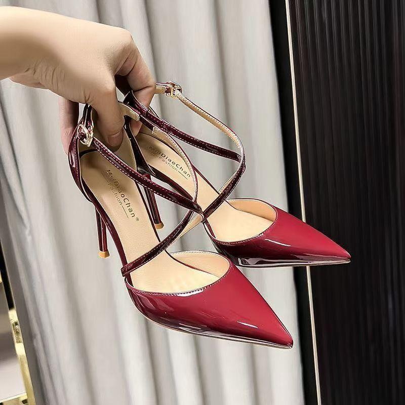 Cross strap stiletto sexy high heels women's 2025 spring and summer new one-word buckle burgundy hollow sandals