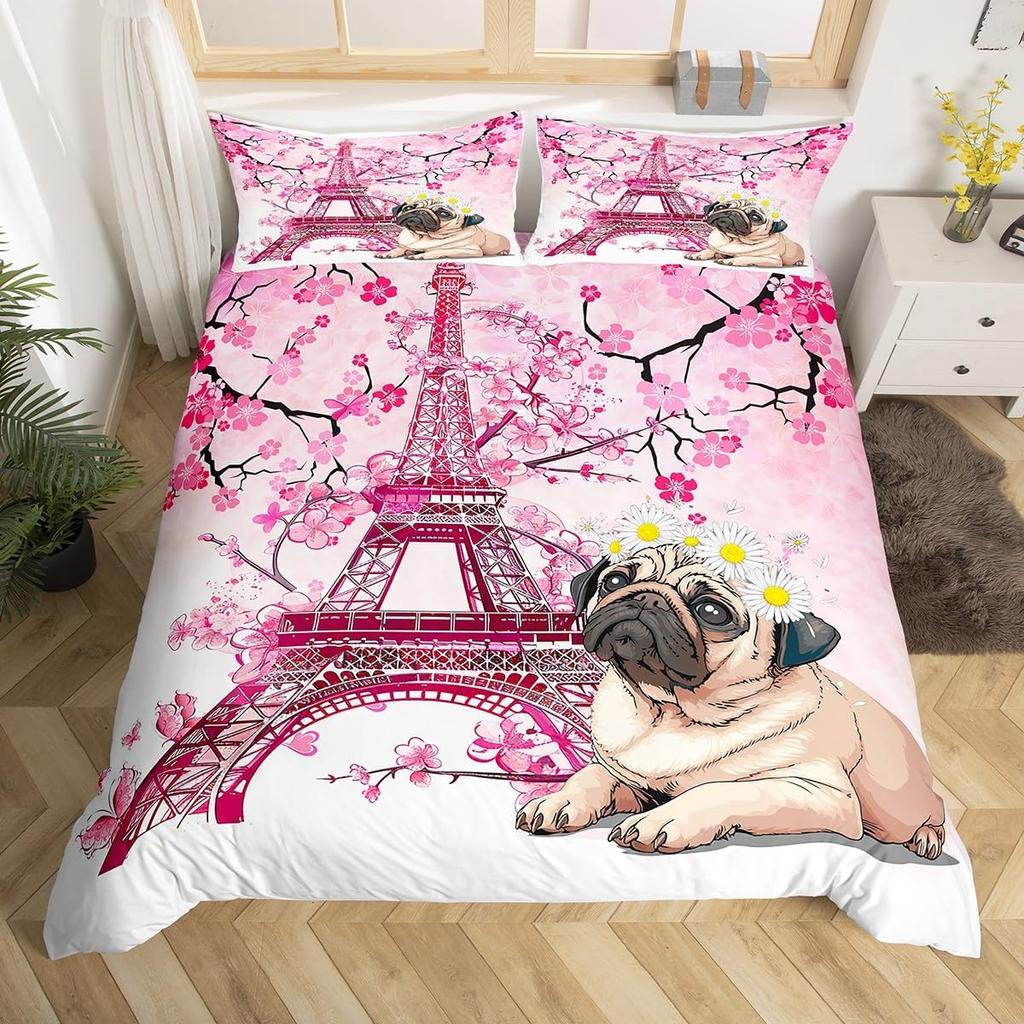 Puppy Dog Duvet Cover Full Queen Size Kawaii Pug Comforter Cover Love Heart Print Bedspread Cover Cute Pet Black Bedding Set