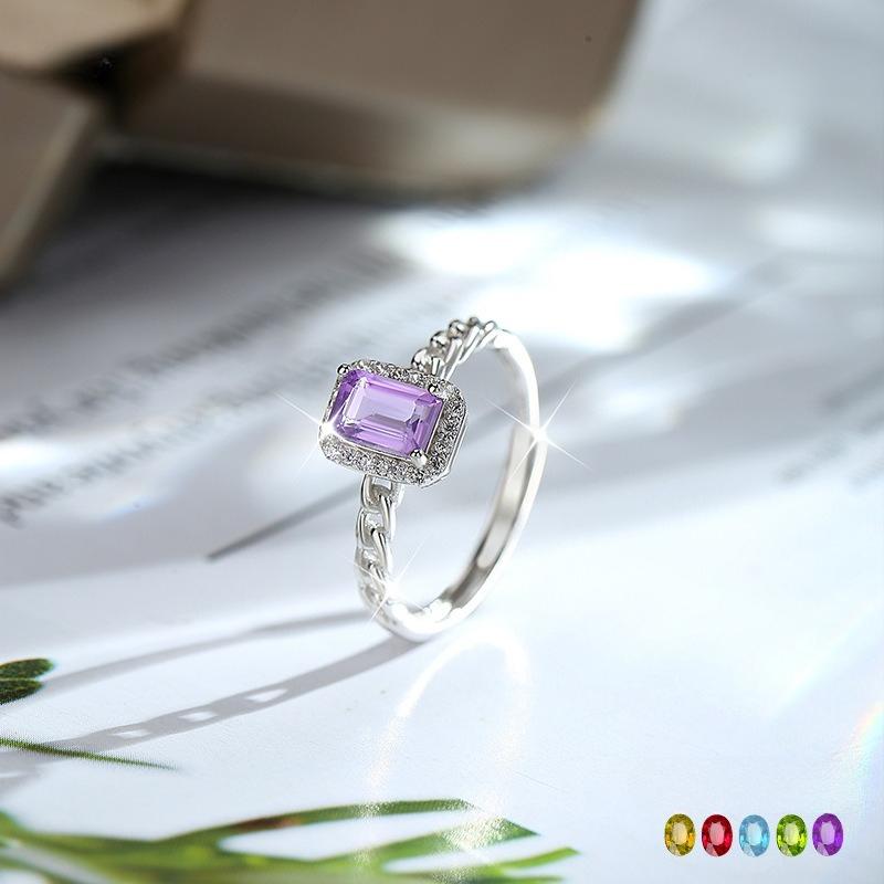 S925 Silver Square Crystal Open Ring, Multiple Colors, Adjustable Dainty Band, Korean Style Daily Jewelry Gift for Women