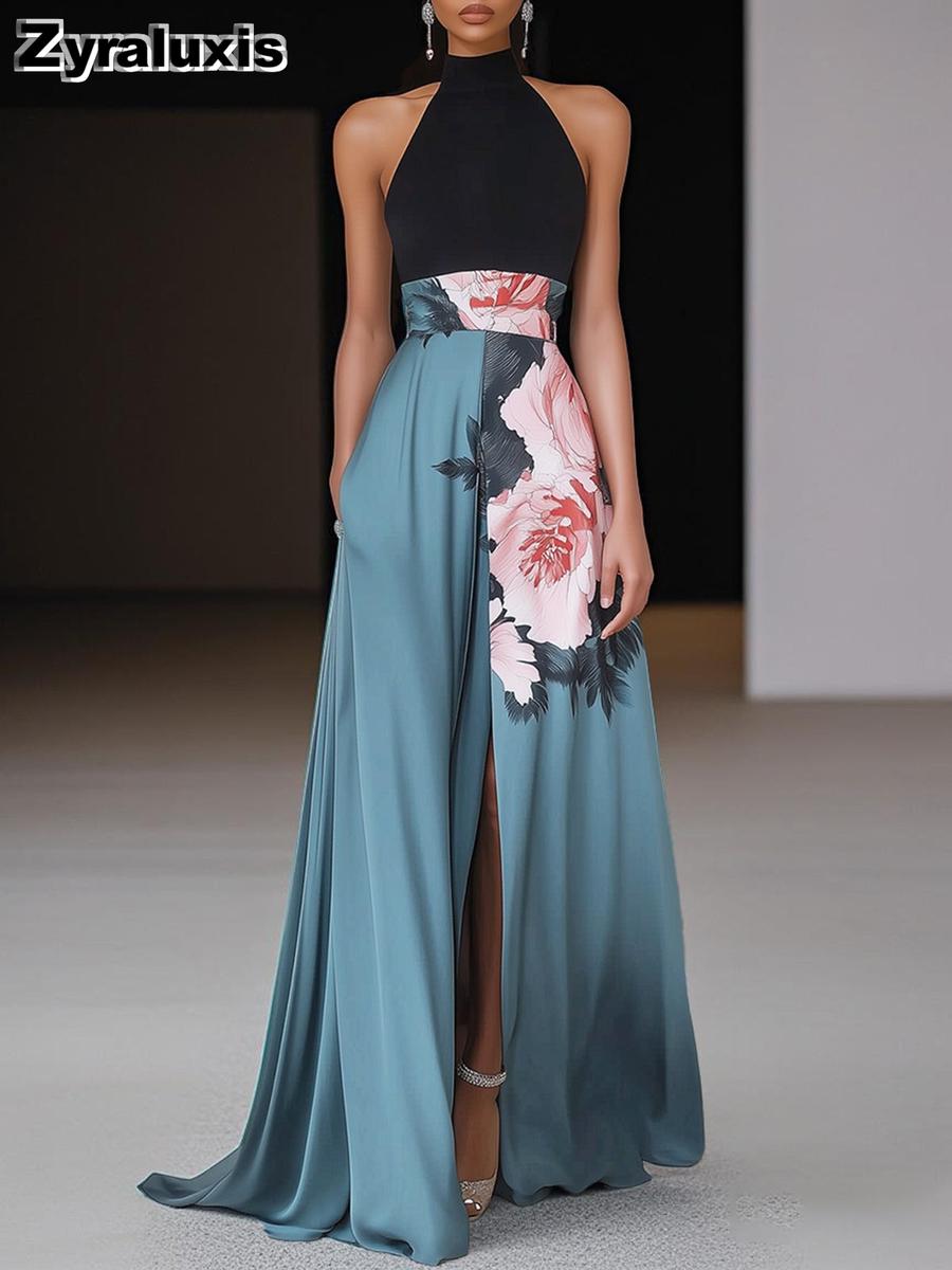 Women s Sleeveless Digital Printed Dress, Long Gown Evening Party Wear S