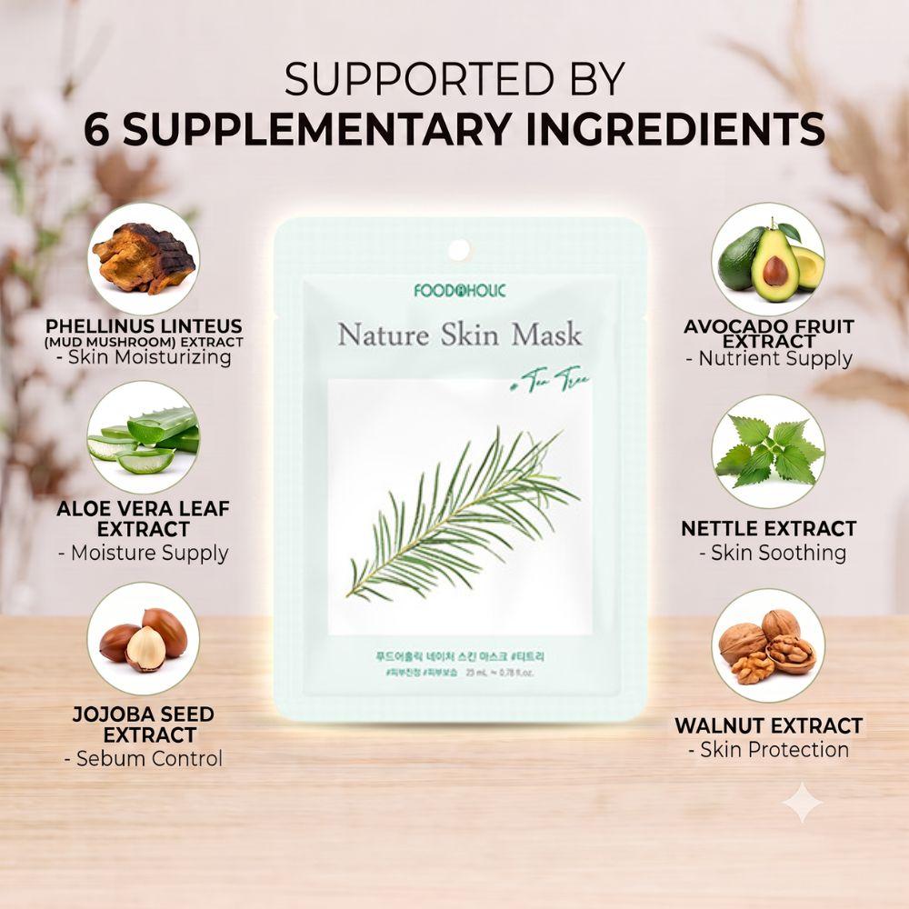 FoodaHolic Nature Skin Mask Tea Tree 23ml X 10 Sheets - Soothing & Balancing Facial Sheet Mask Pack for Clarifying and Pore Care(10 Sheets)