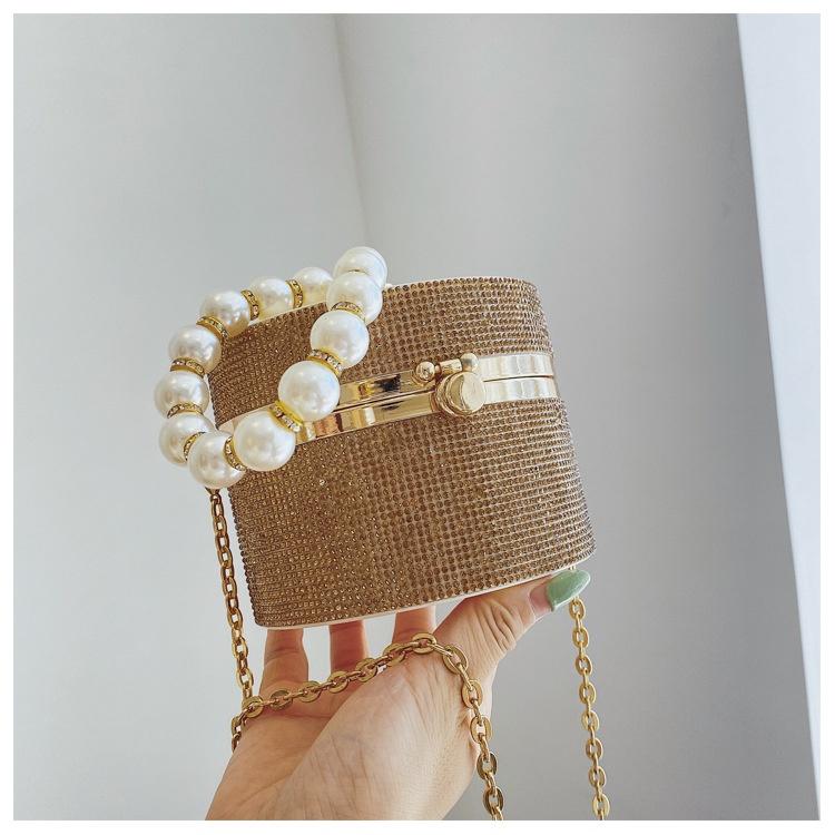 IELGY Cylindrical bright diamond pearl chain portable fashion chain messenger bag women