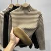 Autumn Winter Thickened Fleece-lined Pullover Elegant Long Sleeve Inner Wear Tops New Style Striped Warm Casual Tops Women 2025