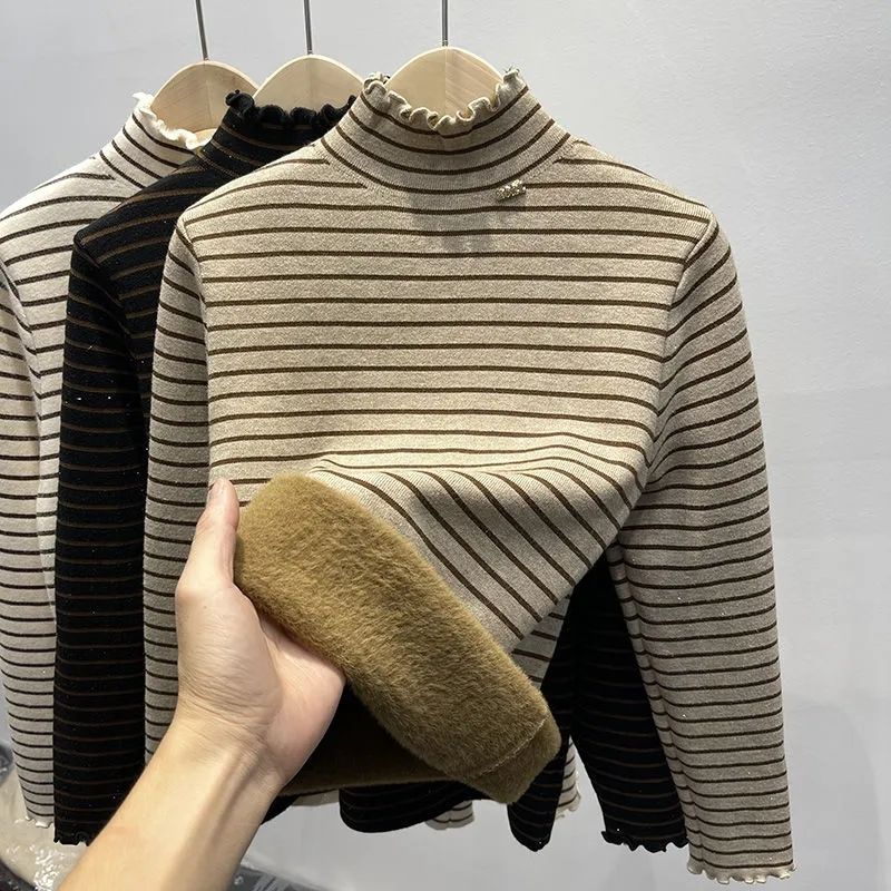 Autumn Winter Thickened Fleece-lined Pullover Elegant Long Sleeve Inner Wear Tops New Style Striped Warm Casual Tops Women 2025
