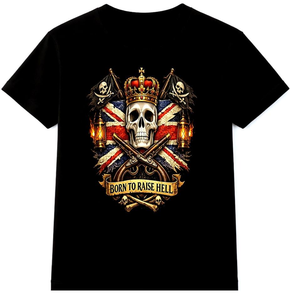 Skull Union Jack Pirate Biker T Shirt Crown Vintage Graphic Tee Mens Womens S