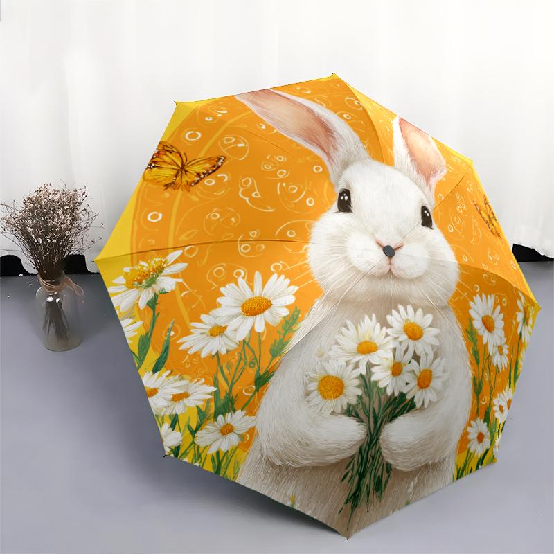 Rabbit and Flower pattern, automatic folding umbrella, portable and foldable design, 8 ribs, a Christmas or birthday gift.