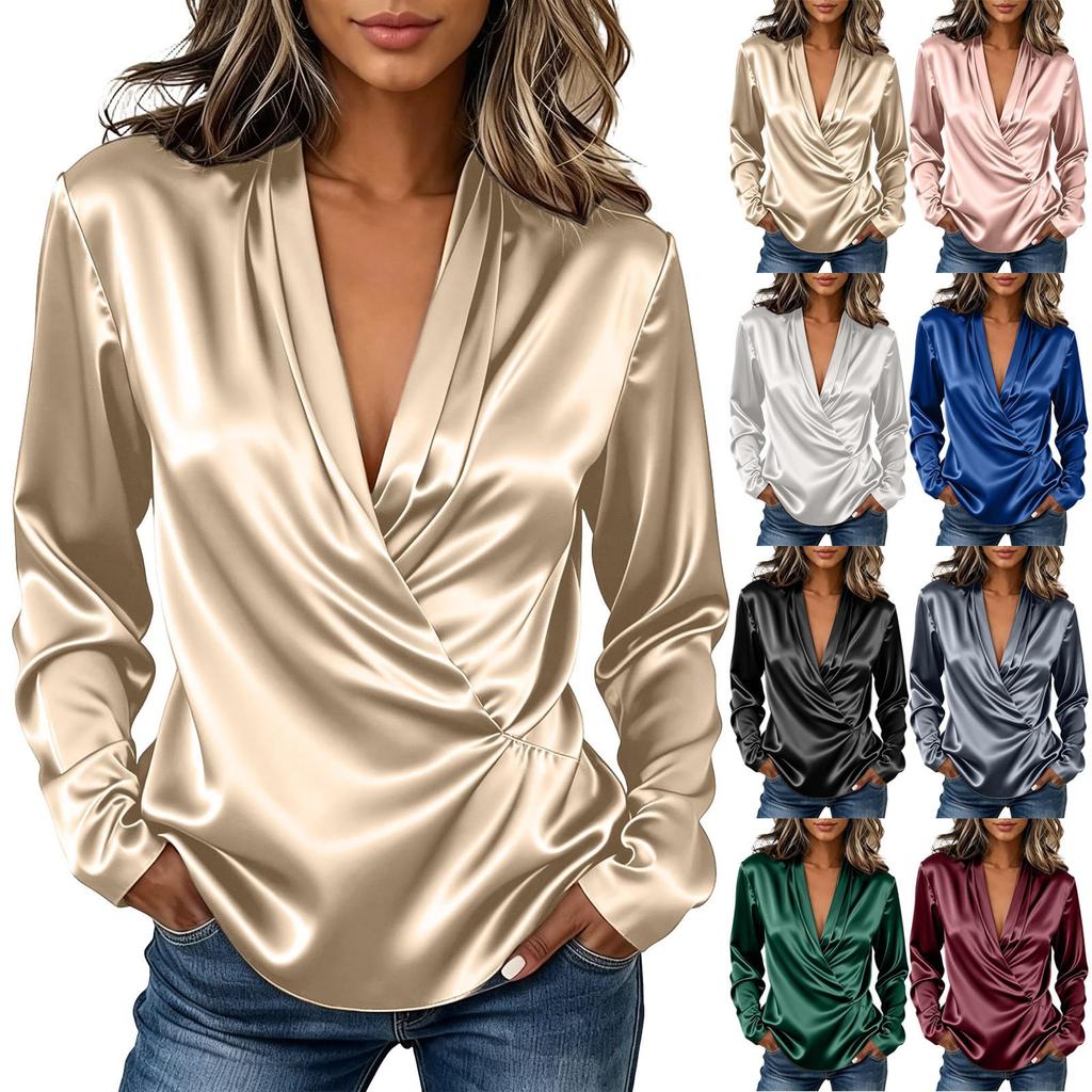 Womens Satin Blouse Long Sleeve V Neck Cross Wrap Top Casual Silky Shirt Elegant Lightweight Workwear