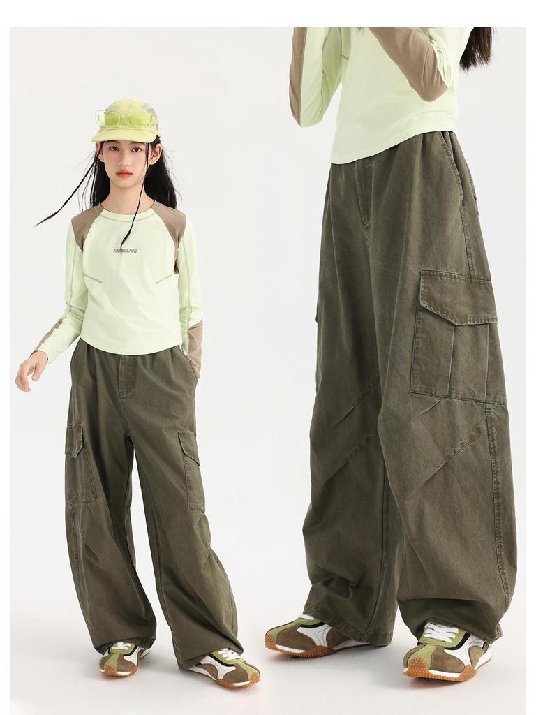 Tao Town Girls' Army Green Denim Scimitar Wide-Leg Cargo Pants - Spring/Autumn Casual Long Pants for Older Children