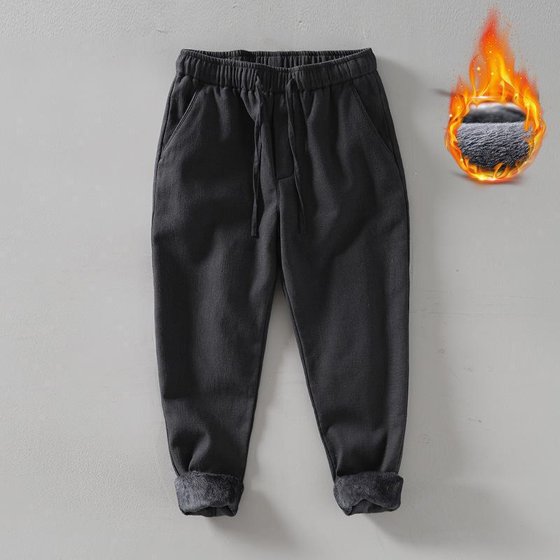 L8234 Men's Retro Loose Straight-Leg Cotton Pants - Warm Fleece-Lined, Drawstring, Long Fit