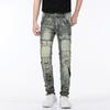 New Retro Nostalgic Straight Tube Trendy High-End Splicing Motorcycle Pocket With Frayed Elastic Jeans Pants For Men
