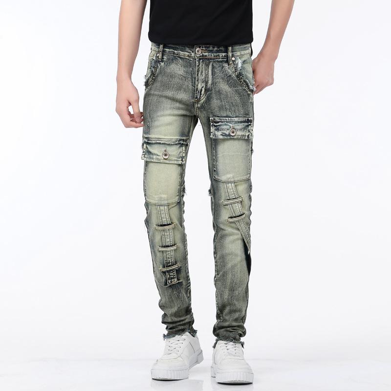 New Retro Nostalgic Straight Tube Trendy High-End Splicing Motorcycle Pocket With Frayed Elastic Jeans Pants For Men