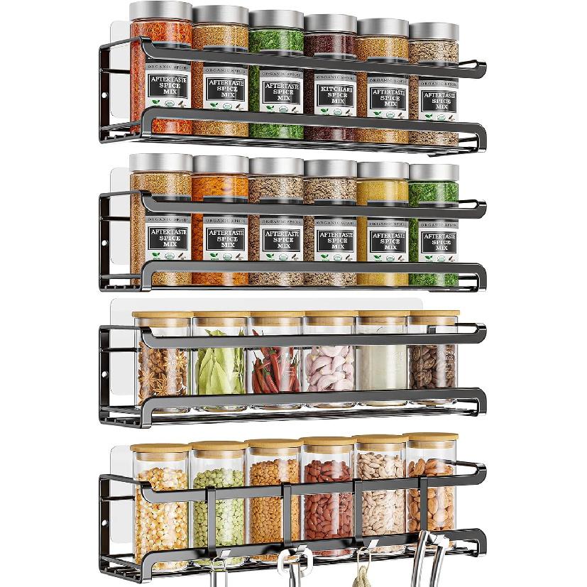Spice Rack Wall Mounted 4 Pack,Space-Saving Spice Organizer for Spice Jars and Seasonings,Screw or Adhesive Hanging Spice Rack Organizer for Your