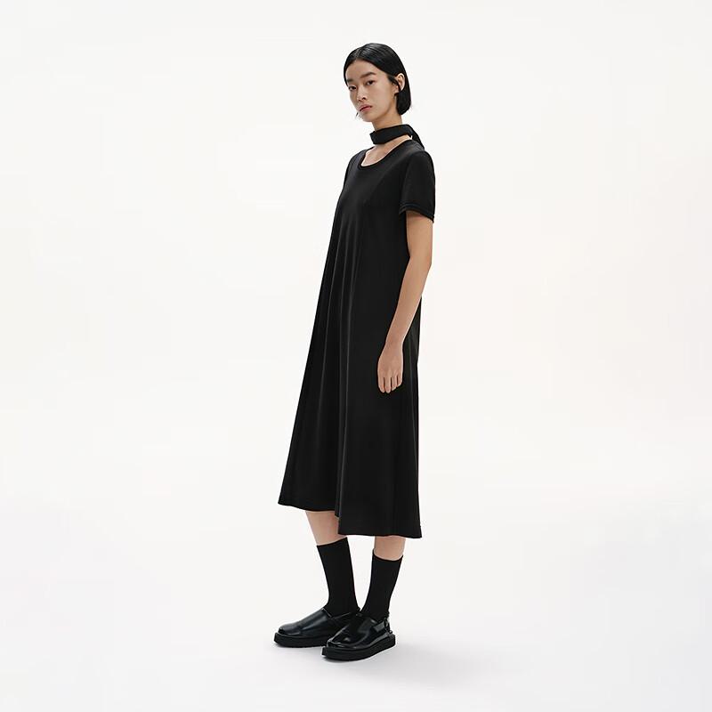 Broadcast Elegant Waist-Cinching Short Sleeve Mid-Length Black Dress